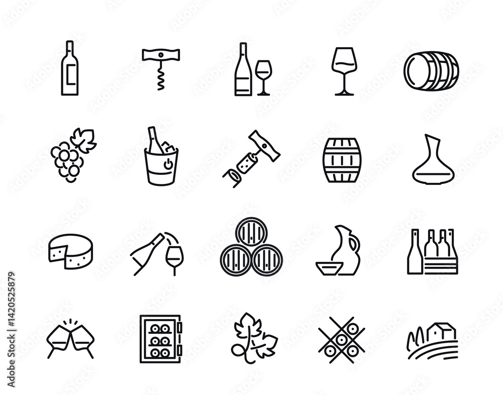 Fototapeta premium Wine line icons set. Simple symbols with bottle of alcohol, grapes, barrel of wine, corkscrew, cheese and champagne. Editable stroke. Outline vector illustration collection isolated on background