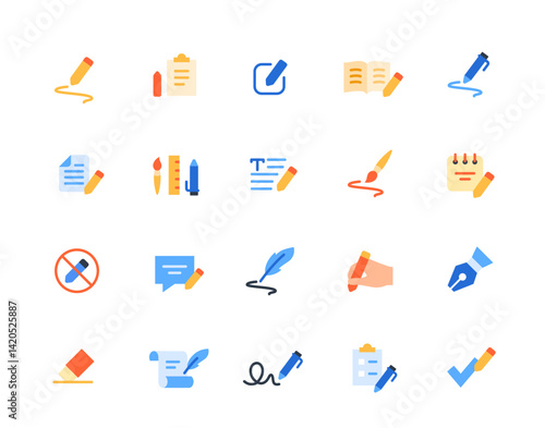 Writing icon set. Colorful signs with pencil, pen, author manuscript, text, writer history and feather. Design elements for app. Flat vector illustration collection isolated on background