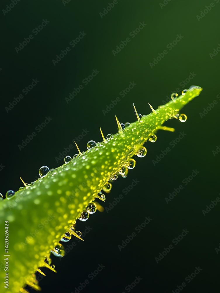 Fototapeta premium Dewdrops on a spiky green leaf, close-up shot.