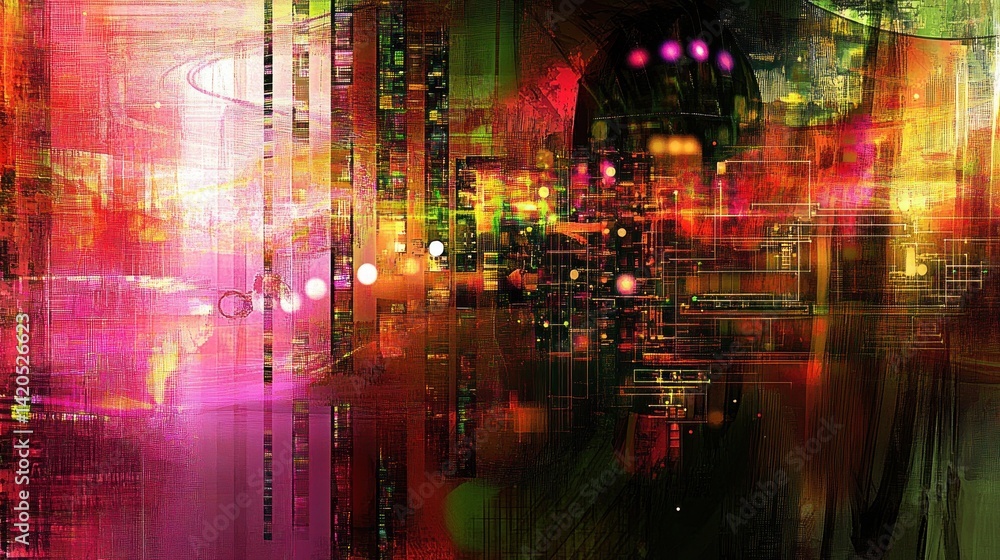 Naklejka premium Vibrant digital cityscape of glowing technology.