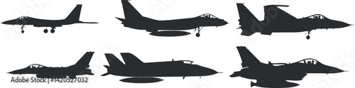 Silhouettes of various military fighter jets showcasing different designs and orientations.