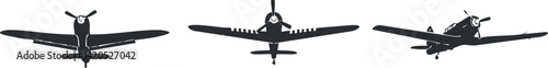 Silhouette illustration of three different aircraft showcasing vintage and military designs.