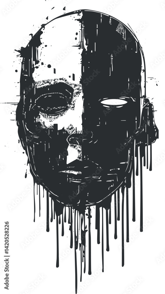 Naklejka premium An abstract black and white illustration of a face with dripping paint effects.