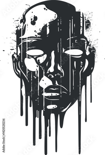 Stylized abstract illustration of a dripping mask face in black and white