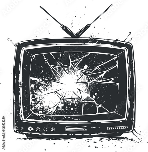 A vintage television with a cracked and shattered screen illustrating damage and disruption.