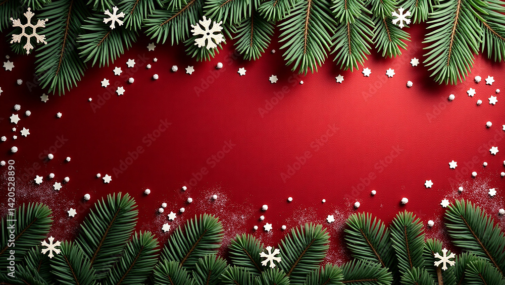 A festive Christmas border of lush green pine boughs, delicate snowflakes, and sparkling confetti on a rich crimson backdrop, perfect for holiday greetings. A festive Christmas border of lush green pine boughs, delicate snowflakes, and sparkling confetti on a rich crimson backdrop, perfect for holiday greetings.