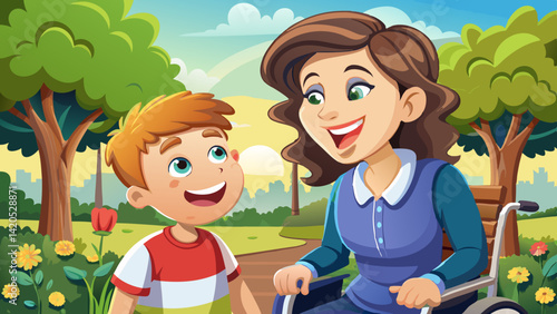 Happy boy with disability smiling with his mother in a wheelchair at the park - cerebral palsy concept