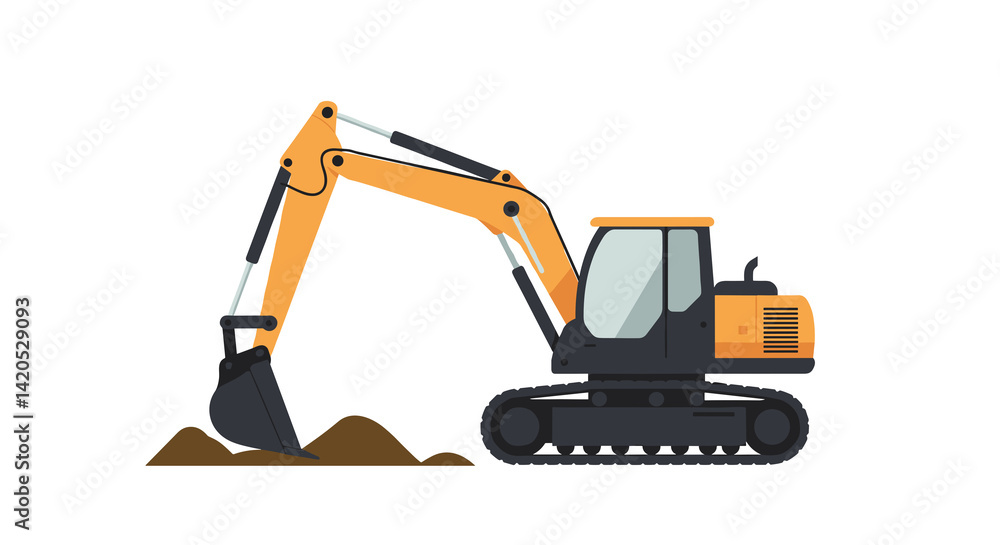 Excavator digging dirt in a flat design on a white background Excavator digging dirt in a flat design on a white background