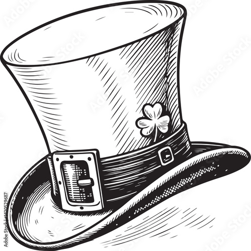 Leprechaun's Hat with Lucky Clover Shamrock, St. Patrick's Holiday, Black and White Vector Illustration, Sketch Drawing Line Linear Symbol Icon Engraving, Hand-drawn Isolated