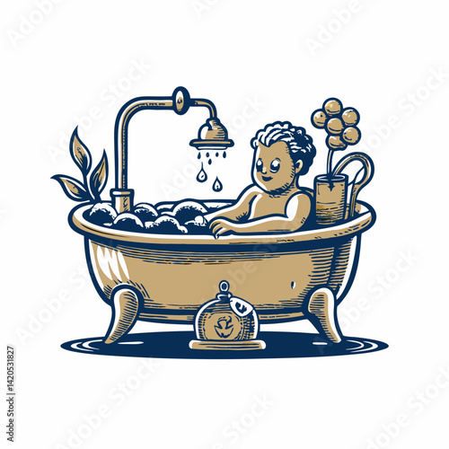 Hand drawn a person taking a relaxing bath image. Flat image isolated on white background. Vector illustration.