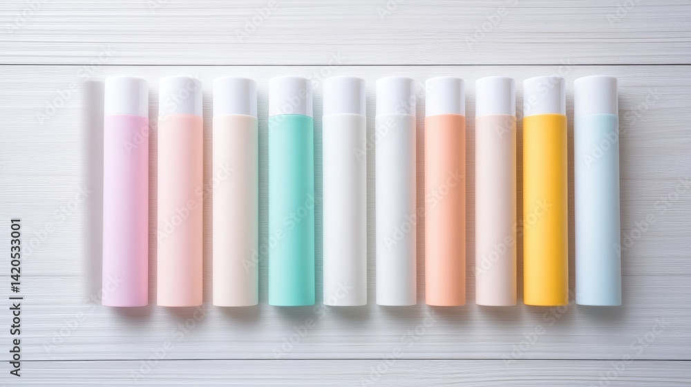 Naklejka premium Pastel Lotion Bottles White Background Minimalist Style Bright Clean Lighting Flatlay Product Shot Various Shades Displayed Branding Mockup Soft Feminine Tones Ideal for Skincare Ads