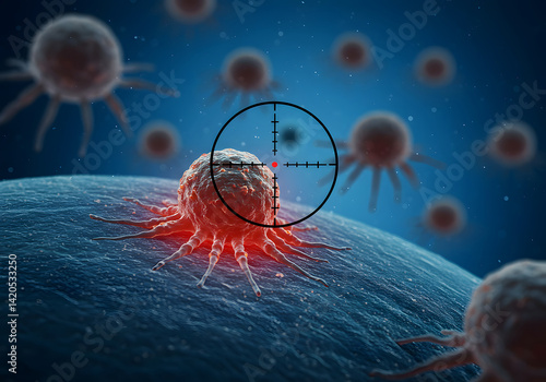 Cancer Cell Destruction Microscope View, Targeted Treatment, Oncology, Tumor, Medical Research, Healthcare, Science, Disease.