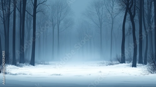 Snowy forest path, winter fog, background trees, nature scene, fantasy backdrop
