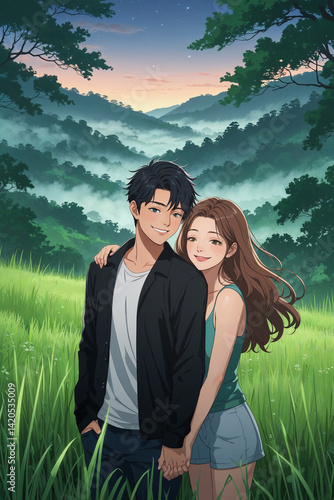 Wallpaper Mural an anime-style 2d style illustration in romantic couple standing together in a lush green meadow surrounded by tall green grass Torontodigital.ca