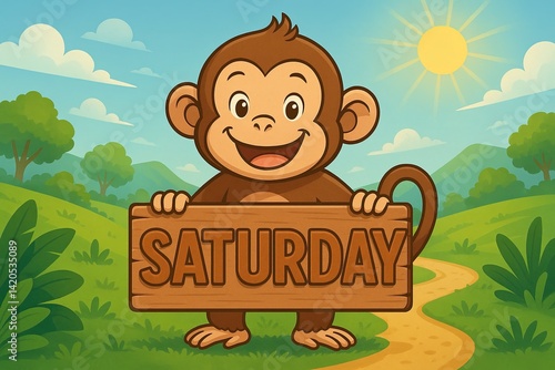 Happy monkey holding saturday sign in jungle landscape