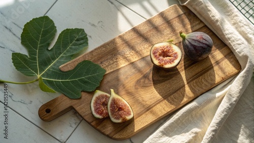 Ripe Fig on Wooden Board with Leaf – Natural Food Still Life