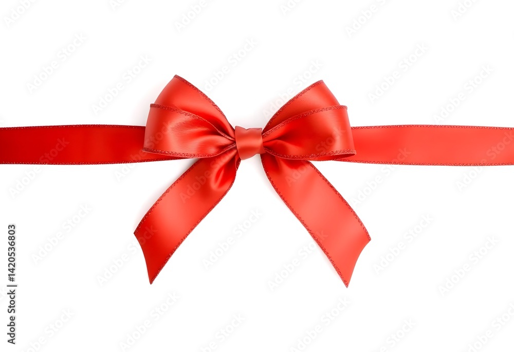 Christmas Red Ribbon Bow with Glitter Edges on White Background Christmas Red Ribbon Bow with Glitter Edges on White Background