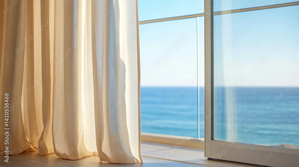 Fototapeta premium Window close-up with an elegant light beige curtain and a blue ocean view 