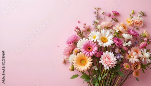 Elegant Spring Flower Bouquet on Pastel Pink Background with Copy Space