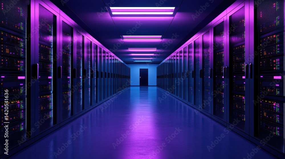 Server room interior illuminated with vibrant purple and pink lighting. Server room interior illuminated with vibrant purple and pink lighting.