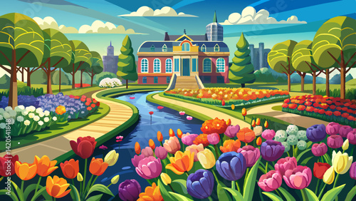 Spring garden Keukenhof full of colorful tulip flowers. Beautiful landscape in Netherlands, Europe.