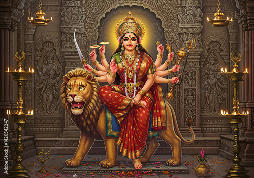 Divine Goddess Durga on Lion Hindu Deity, Multiple Arms, Indian Religion, Temple, Spiritual Art.