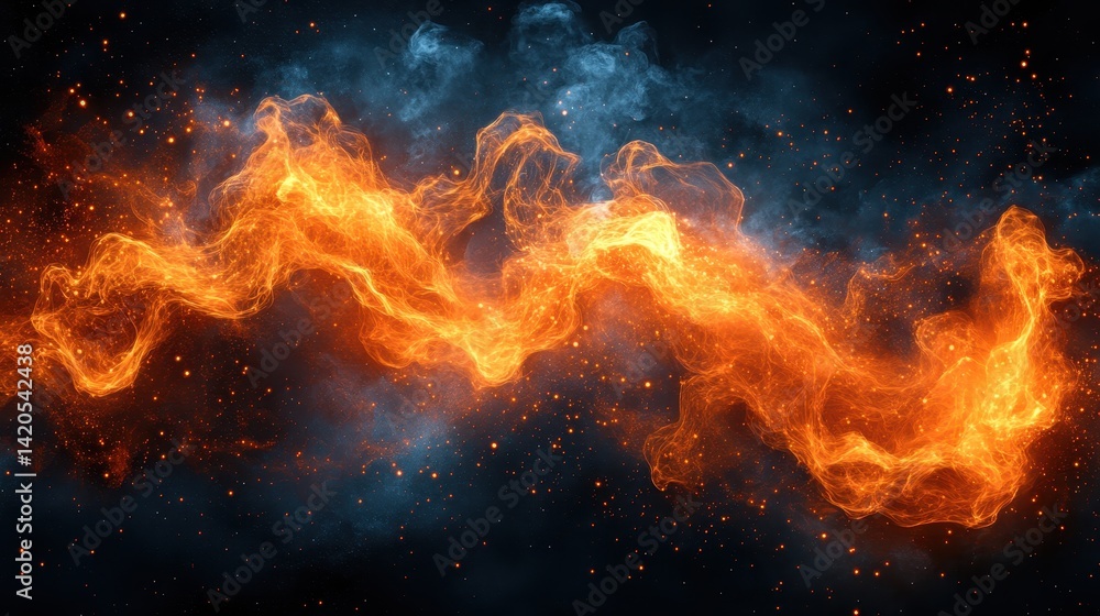 Fiery abstract wave, energy, power, dark background, design element Fiery abstract wave, energy, power, dark background, design element