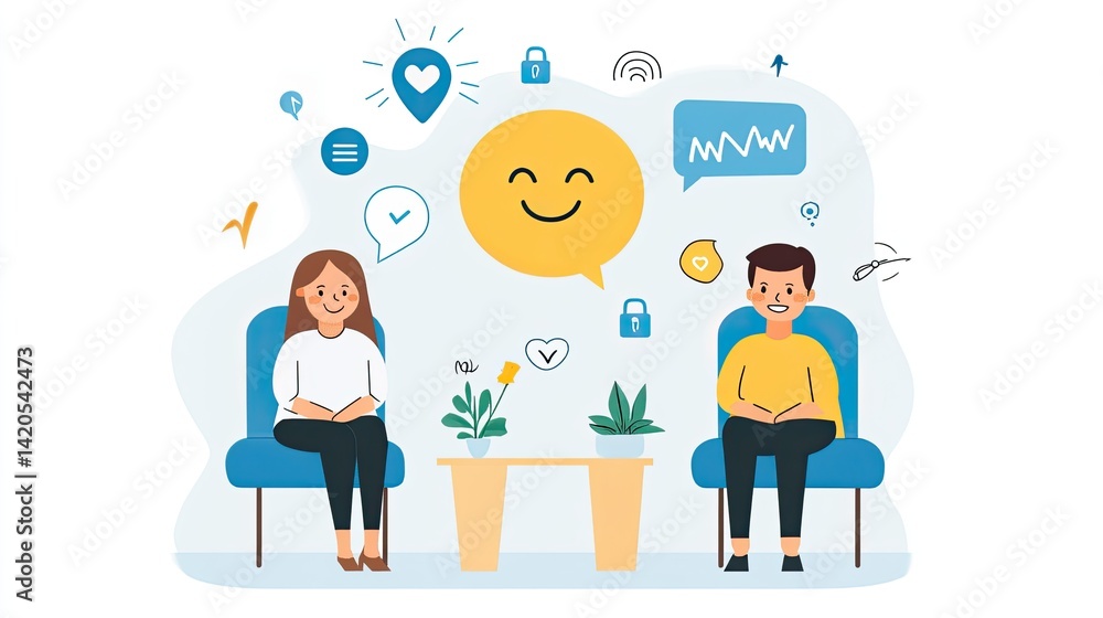 Smiling Couple in Therapy Session, Illustrated Vector Graphic Smiling Couple in Therapy Session, Illustrated Vector Graphic