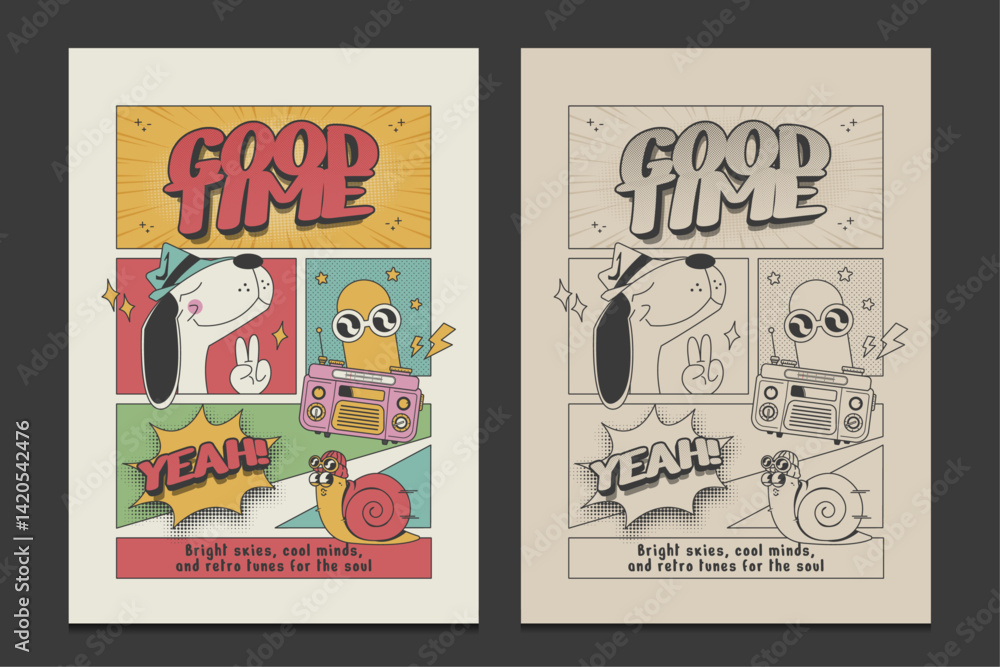 Obraz premium retro cartoon poster with cheerful characters in a pop art comic style, expressing peace, joy, and chill vibes, vector illustration