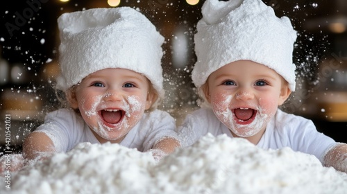 Twin babies covered in flour, laughing