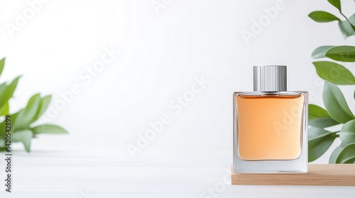 Wallpaper Mural A clear glass perfume bottle with amber liquid on wooden surface, surrounded by lush green leaves, minimalist composition on white background, and elegant and serene. Torontodigital.ca