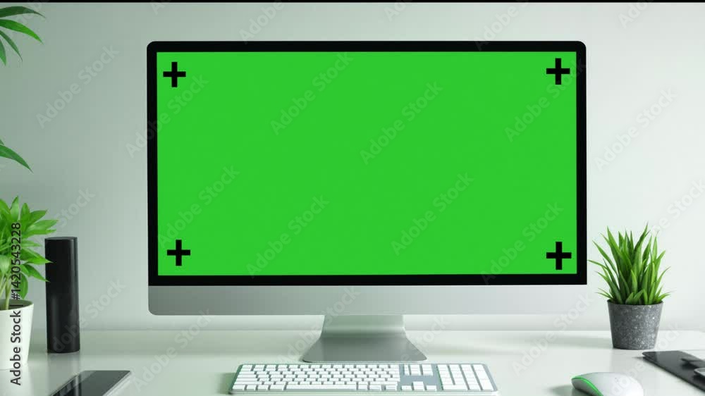 Modern Computer Monitor with Green Screen Display in Luxury Office Interior Modern Computer Monitor with Green Screen Display in Luxury Office Interior