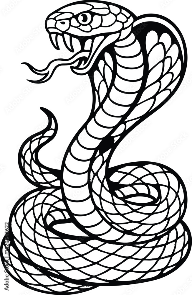 Fototapeta premium Classic American Cobra Snake Tattoo. Old school king cobra tattoo vector illustration. Classic old school style vector illustration of a fierce king cobra with flared hood, symbolizing power
