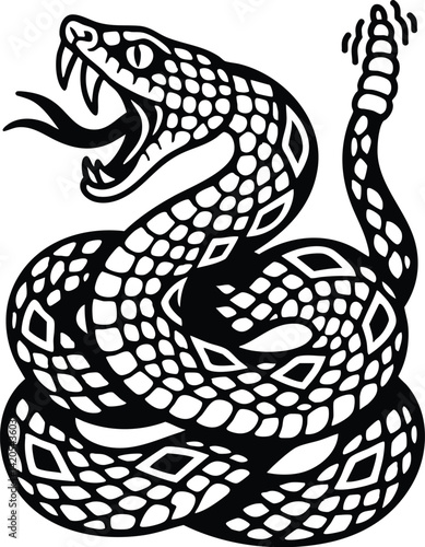 Snake American Diamondback rattlesnake vector illustration.  Fierce vector illustration of a diamondback rattlesnake coiled with fangs exposed, symbolizing danger and survival.
