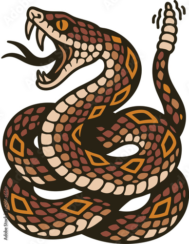 Old School American Snake Diamondback rattlesnake vector illustration. Fierce vector illustration of a diamondback rattlesnake coiled with fangs exposed, symbolizing danger . Classic Traditional