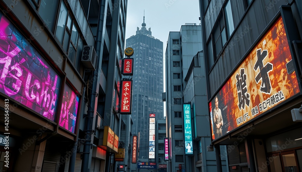 Obraz premium Rain-slicked chrome skyscrapers reflect vibrant neon lights in a decaying, futuristic Tokyo alleyway.