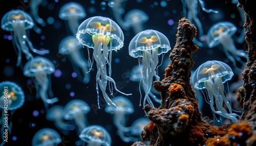 Bioluminescent siphonophores glow eerily in dark water, illuminating rocks with moss and mysterious light.