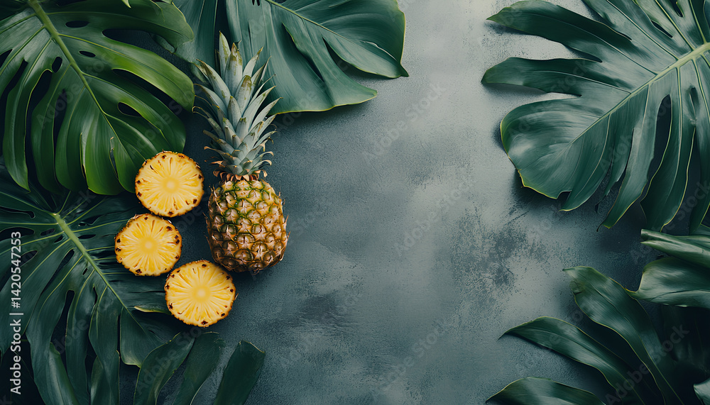 Tropical pineapples and palm leaves on a gray background are the focus of a summer-themed food blog