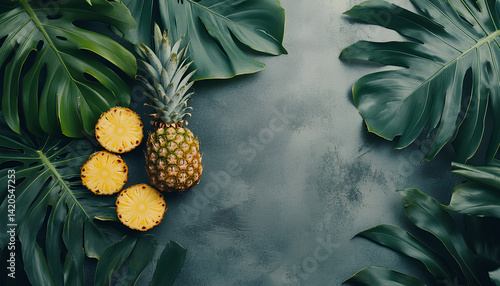Obraz na płótnie Tropical pineapples and palm leaves on a gray background are the focus of a summer-themed food blog w salonie