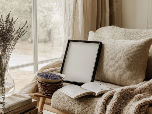 A white pillow with a black frame sits on a couch. A book is on the couch next to the pillow. A vase with purple flowers sits on a table next to the couch