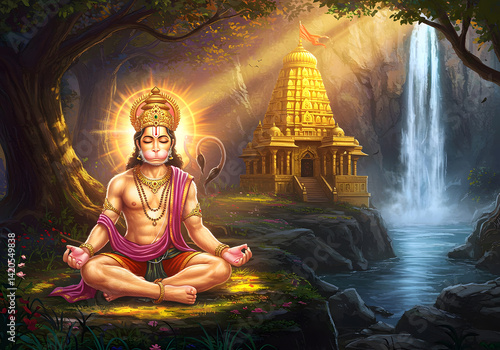 Hanuman Meditating Beside Temple, Waterfall, Nature, Hindu God Illustration.