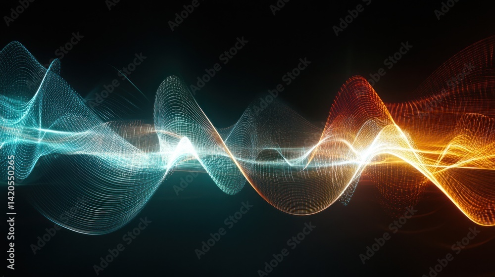 Abstract digital artwork shows flowing wavelike light patterns on dark background Abstract digital artwork shows flowing wavelike light patterns on dark background