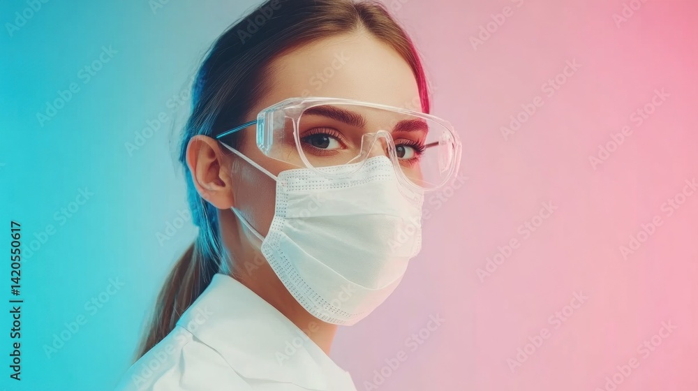 Close-up portrait of a female scientist in protective gear. Close-up portrait of a female scientist in protective gear.