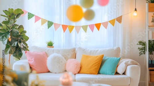 A DIY birthday banner hanging in a decorated living room --ar 16:9 --v 6.1 Job ID: a422da27-ae0b-4baf-a382-0e8a1c19237b