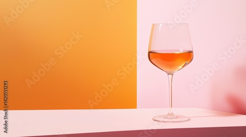 A glass of orange-hued wine stands against a bold two-tone background with pink and orange colors