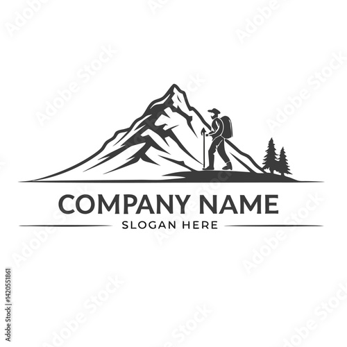 Hiking logo with mountain and hiker silhouette