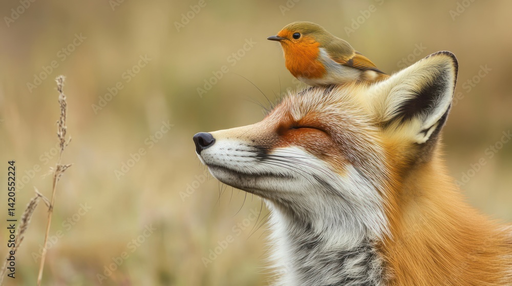 Robin perched on fox's head, peaceful field, nature scene, wildlife stock photo Robin perched on fox's head, peaceful field, nature scene, wildlife stock photo
