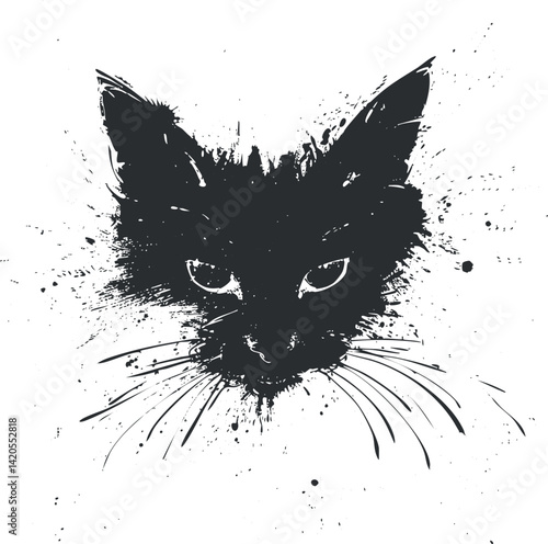 Stylized black cat illustration with abstract paint splashes and striking eyes for artistic purposes.