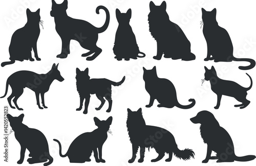 A collection of black animal silhouettes featuring various cat and dog breeds in playful poses.