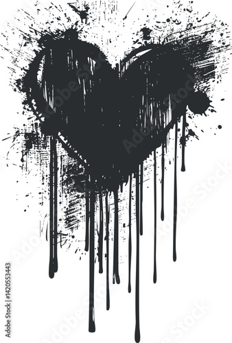 A striking black heart illustration featuring a grunge ink splash and drips for artistic designs.